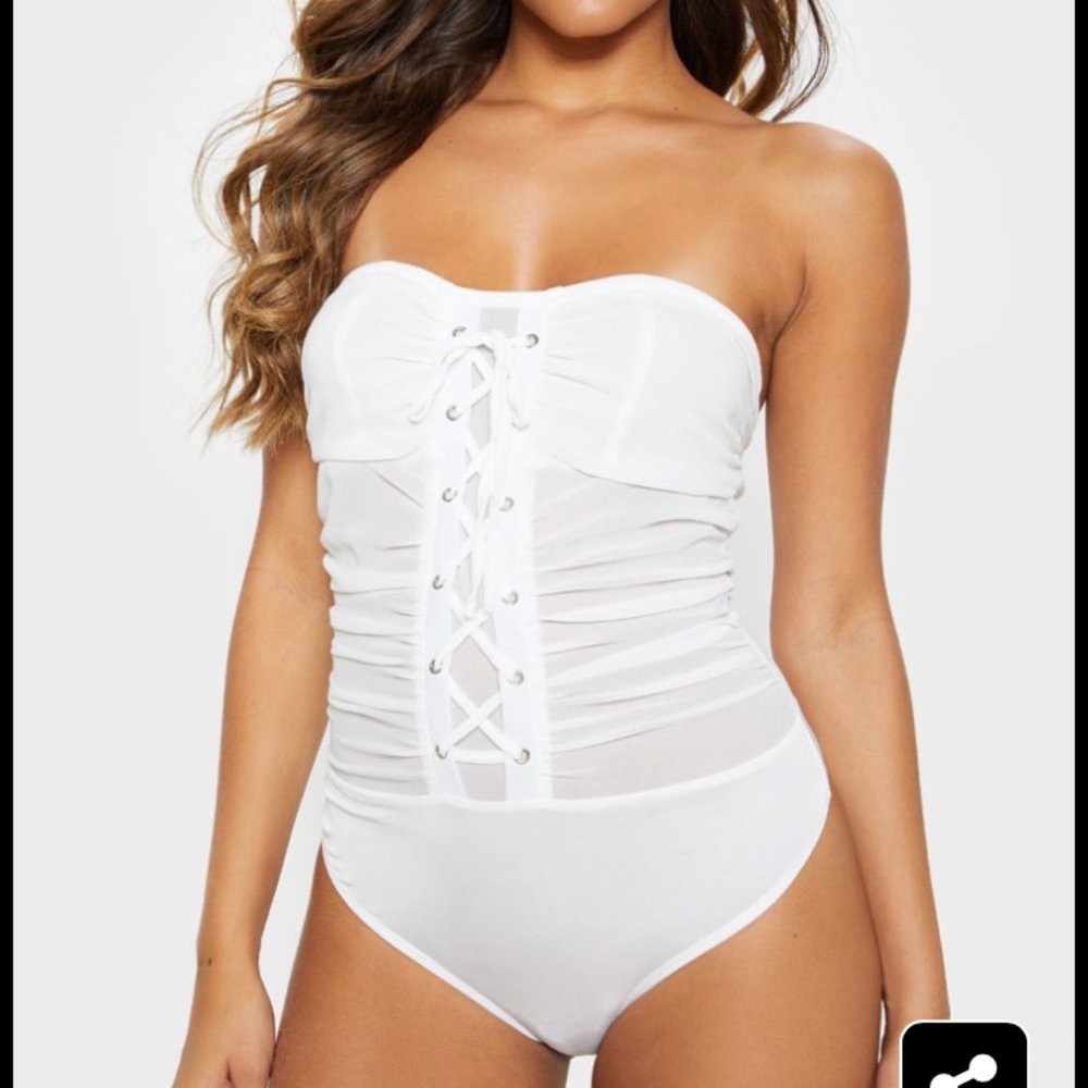 NWT  White Chiffon Lace Up Bandeau Bodysuit